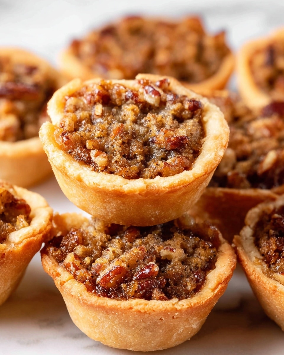 The image shows a close-up of several mini pecan pies on a white marbled surface. Each pie has one visible layer: a golden-brown, crisp crust shaped like a small cup holding a dense, textured filling of chopped pecans mixed with a glossy, caramelized brown syrup. The filling is bumpy and uneven, with pieces of pecan and darker spots from baking. The pies are arranged casually, some stacked, with sharp focus on the front pie and a blurred background. Photo taken with an iphone --ar 4:5 --v 7
