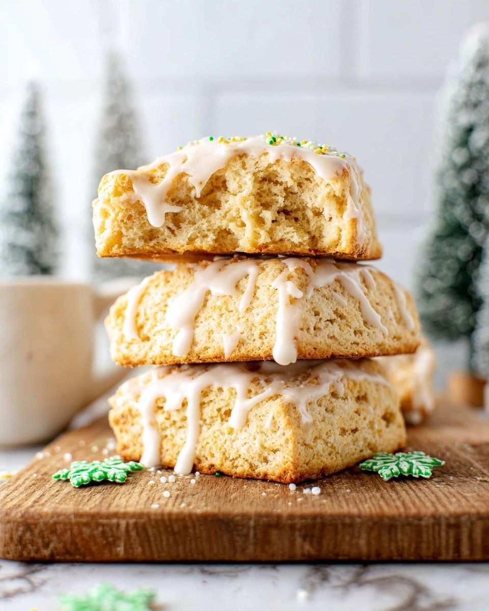A stack of three thick, golden-brown scones sits on a wooden board, each scone showing a crumbly texture with visible small air pockets. The top layer has a bite taken out from the corner, revealing a soft, fluffy inside. White icing is drizzled unevenly over the top and sides of each scone, adding a glossy contrast. Small green and white snowflake-shaped sprinkles are scattered near the bottom, adding a festive touch. The background features blurred snowy white trees and a pale, light tile wall, all set on a white marbled surface. Photo taken with an iphone --ar 4:5 --v 7