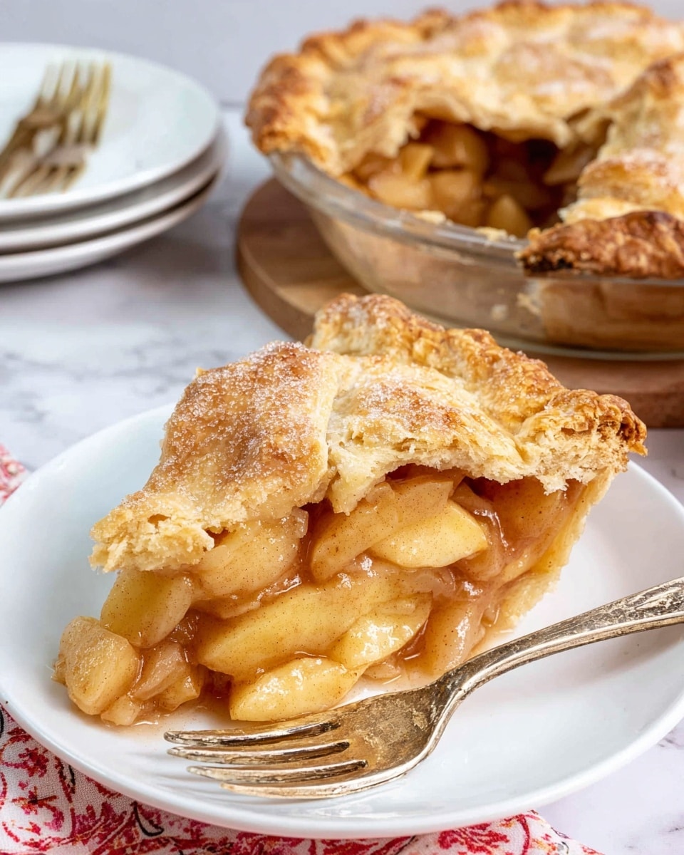 A slice of apple pie sits on a white plate, showing two main layers: a top layer of golden, flaky, slightly cracked crust dusted with sugar, and a bottom layer filled with warm, glossy, light brown apple chunks in syrup. The pie slice is next to a vintage silver fork, and in the background, a glass pie dish filled with the same apple pie is partially visible with a piece removed. The scene rests on a white marbled surface with a folded red and white patterned cloth and stacked white plates under some forks behind. Photo taken with an iphone --ar 4:5 --v 7