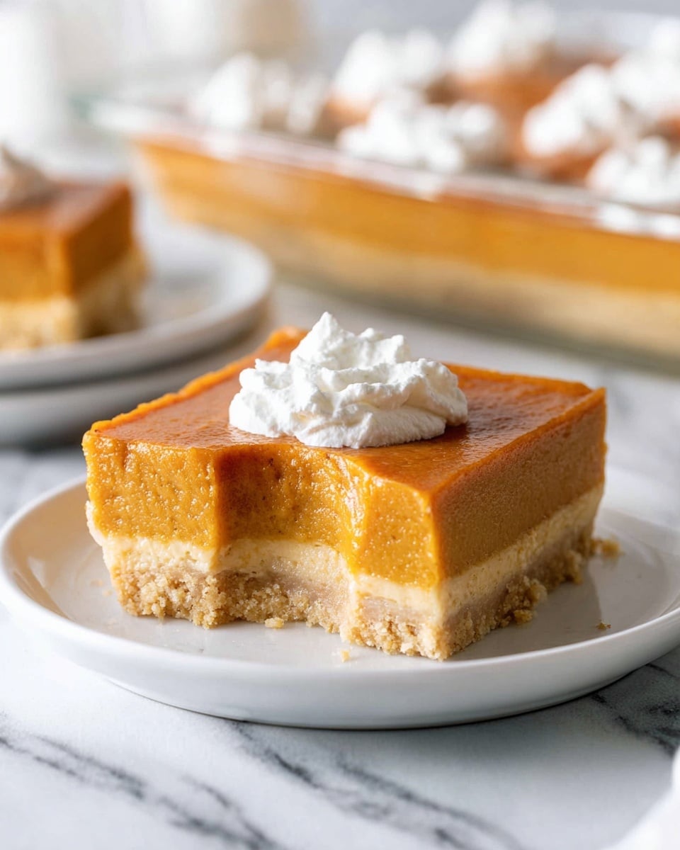 The image shows a square slice of pumpkin pie on a white plate with a white marbled surface underneath. The pie has two layers: the bottom layer is a light tan, crumbly crust, while the thick top layer is a smooth, creamy orange pumpkin filling. There is a small dollop of white whipped cream on top center of the pie slice. The front slice has a bite taken out of its front side, revealing the soft texture of the pumpkin filling. In the blurred background, the rest of the pie is visible inside a clear glass pan with more white whipped cream dots on top, as well as another slice of pie on a white plate. photo taken with an iphone --ar 4:5 --v 7