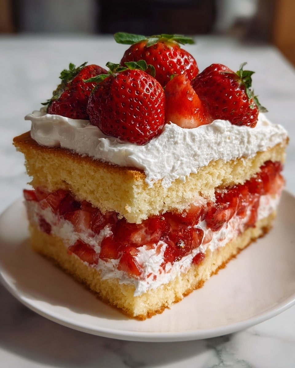 The image shows a slice of strawberry shortcake with three visible layers. The bottom layer is a light golden, soft-looking sponge cake. Above it is a thick layer of white whipped cream mixed with small, juicy diced strawberries. The middle layer is another piece of the same soft golden sponge cake. On top of that is another generous layer of fluffy white whipped cream, crowned with whole bright red strawberries, some with green leaves, sitting closely together. The slice is on a white plate placed on a white marbled surface. photo taken with an iphone --ar 4:5 --v 7