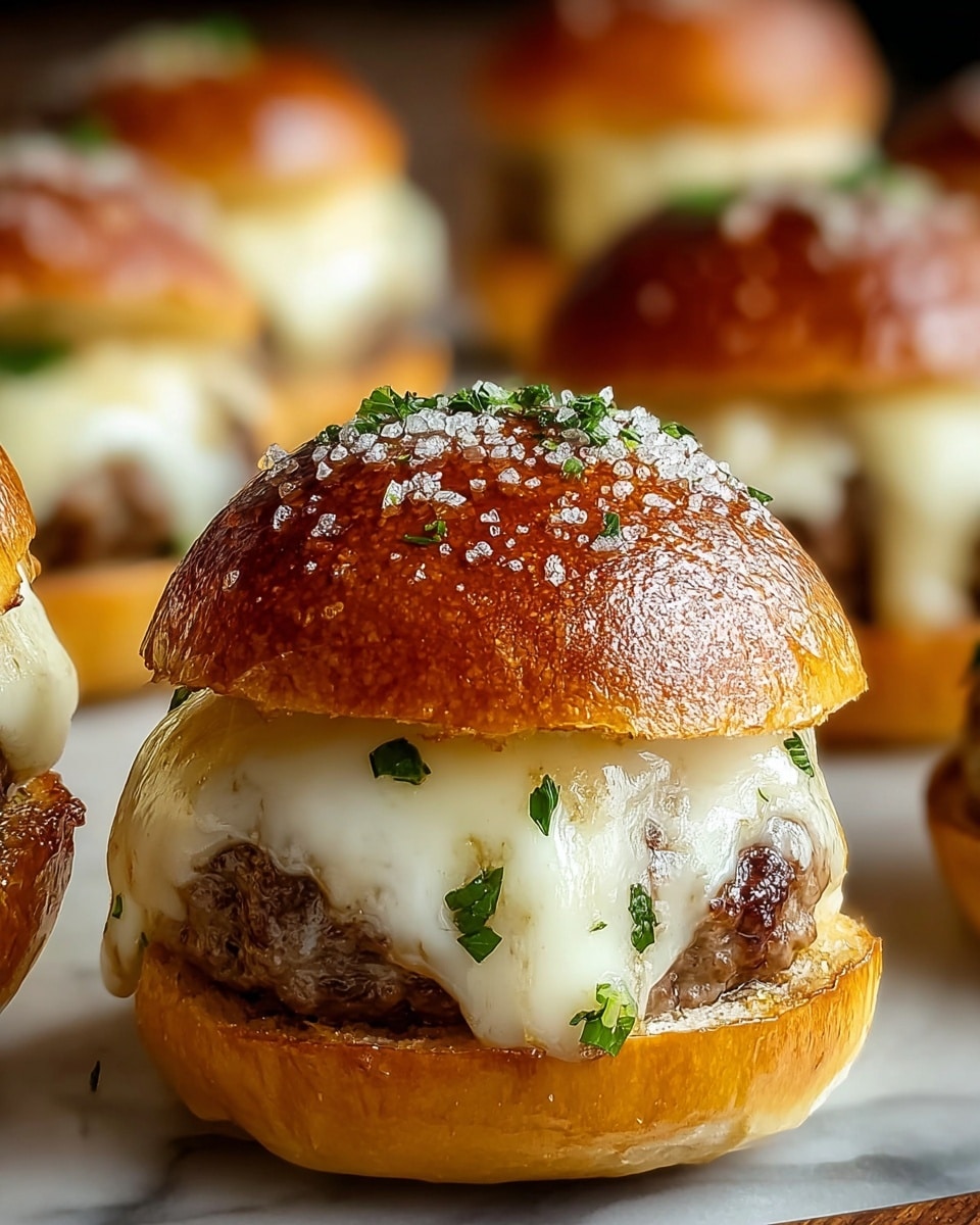 A close-up of a small burger shows a shiny golden brown bun topped with coarse salt and chopped green herbs. Inside, there is a thick, juicy beef patty covered with melted white cheese that drapes over the sides. The bun looks soft and slightly torn where it meets the cheese. More similar burgers are blurred in the background. The surface under the burgers is replaced with a white marbled texture. photo taken with an iphone --ar 4:5 --v 7