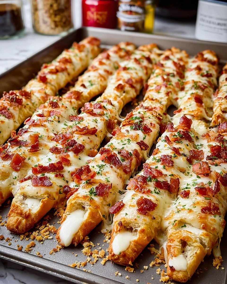 The image shows a baking tray filled with rows of cheesy bacon breadsticks. Each breadstick has a golden-brown dough base shaped like a slightly pointed stick. The top layer is melted white cheese that covers most of the stick, with crispy pieces of reddish-brown bacon scattered across the cheese. Small green herbs are sprinkled evenly on top, adding color contrast. The baking tray has some small golden crumbs around the breadsticks, and the background shows some blurred jars and bottles placed on a white marbled surface. photo taken with an iphone --ar 4:5 --v 7
