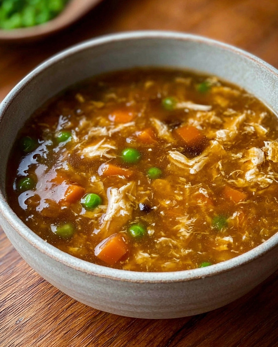 A close-up view of a bowl of thick soup with visible layers of ingredients in a light grey ceramic bowl. The soup has a glossy brown broth with small pieces of orange carrot cubes, bright green pea-like vegetables, and white shredded pieces that look like chicken or tofu floating throughout. The bowl is placed on a wooden table, and the soup surface shows a mix of textures with soft chunks and shredded bits. Photo taken with an iphone --ar 4:5 --v 7