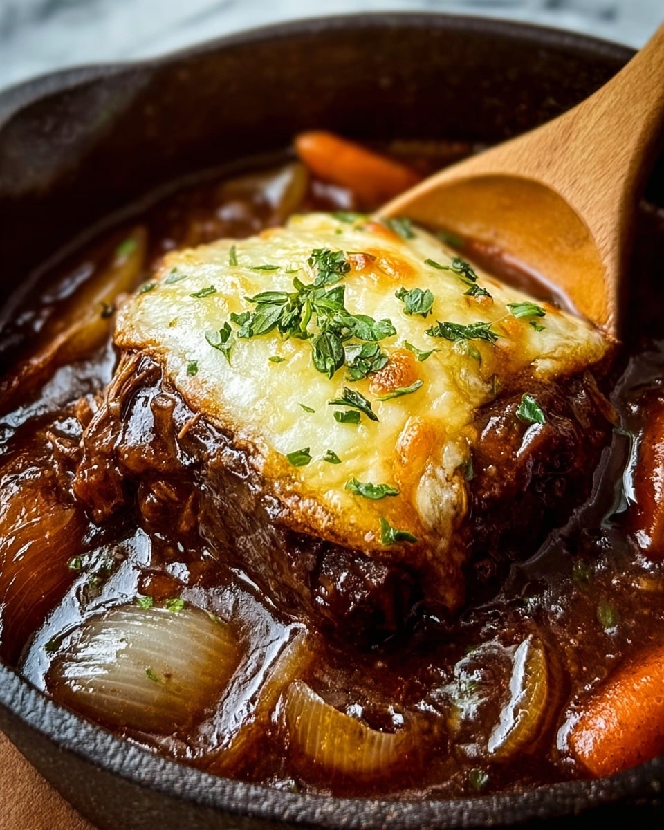 A close-up of a dark brown beef stew with a rich, glossy texture fills a rustic black pot. On top sits a single square piece of browned meat covered with a golden, melted cheese layer, bubbling slightly with crispy edges. Fresh green herbs are sprinkled on the cheese for contrast. Surrounding the meat are soft, caramelized onions and tender carrot slices immersed in the thick stew, showing a deep, shiny brown color. A wooden spoon rests in the pot, ready for serving. The pot is placed on a white marbled texture. photo taken with an iphone --ar 4:5 --v 7