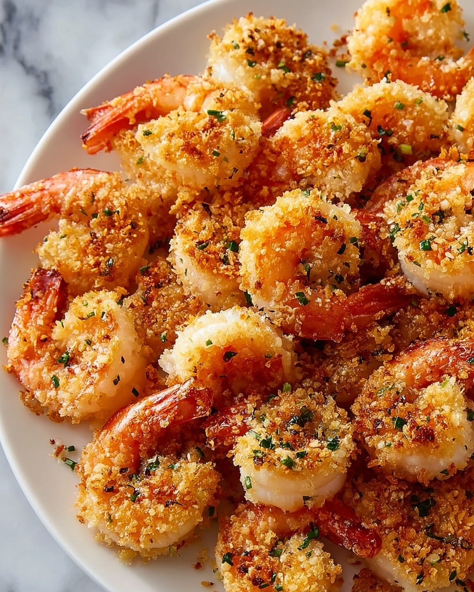 A close-up of a white plate filled with many pieces of cooked shrimp, each coated with a golden, crispy breadcrumb layer mixed with small green herb bits. The shrimp have a light orange color on the curved tails and a white to light pink body. The breadcrumb coating looks crunchy and slightly browned in spots, giving a textured surface on top. The plate is set on a white marbled surface, adding a clean and fresh look to the image. photo taken with an iphone --ar 4:5 --v 7