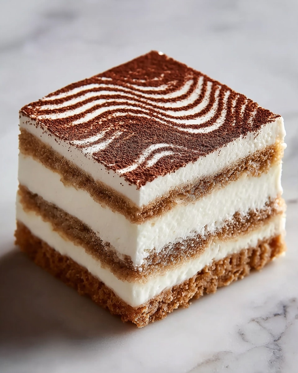 The dessert slice shows three distinct layers stacked evenly; the bottom layer is rich, dark brown with a soft, crumbly texture, the middle layer is thick and fluffy with a bright white cream that looks light and airy, and the top layer is a golden yellow sponge cake with a smooth yet spongy texture, dusted finely with a light brown powder that covers the entire surface. The slice rests clear and sharp on a white marbled surface, showing the contrast of the layers clearly. photo taken with an iphone --ar 4:5 --v 7