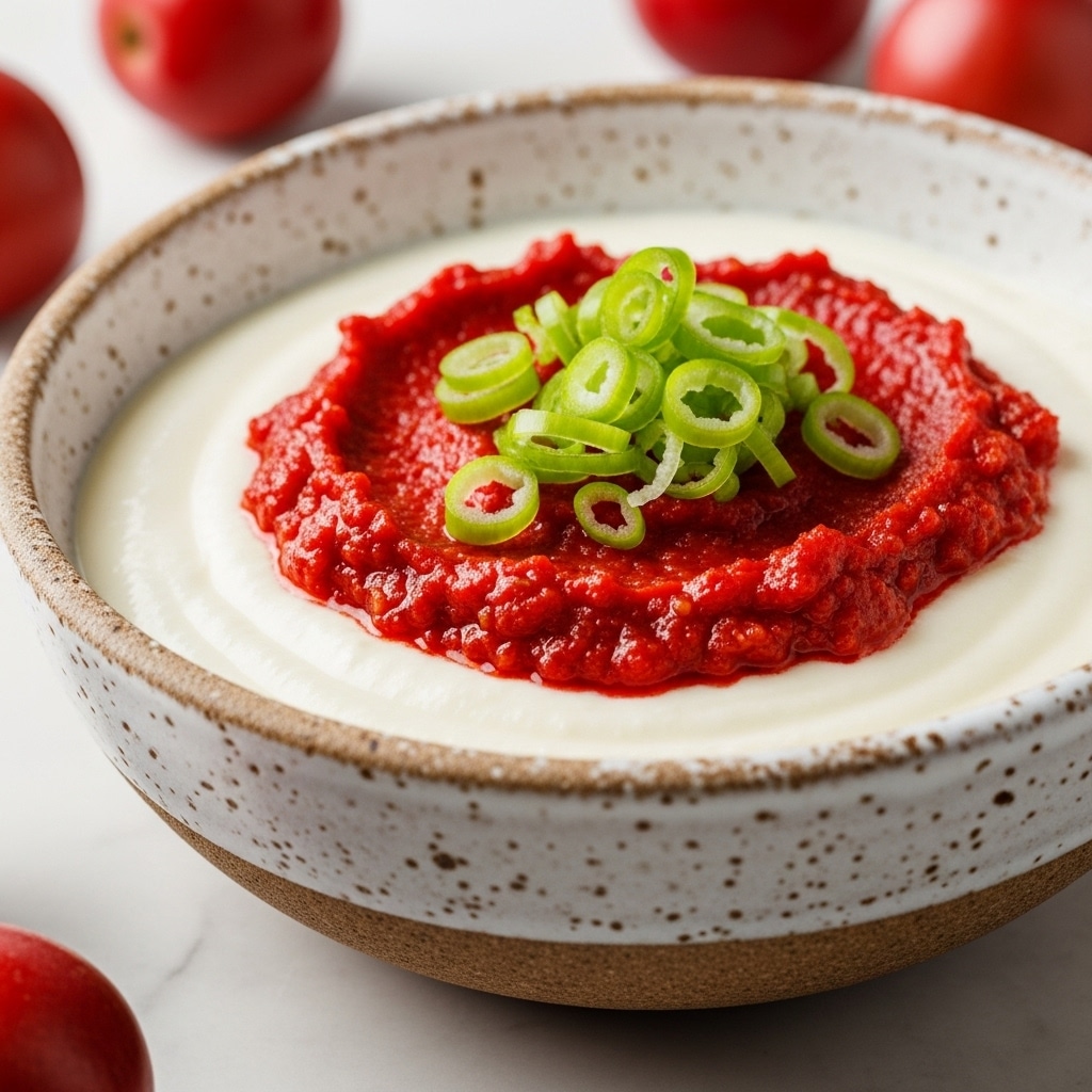 A close-up of a round dish with three layers, placed on a white plate sitting on a white marbled surface. The bottom layer is a light golden brown base with a smooth texture. The middle layer is thick and creamy white, spread evenly across the base. The top layer is a glossy, deep red cranberry sauce with a chunky texture, generously covering the cream layer. Scattered over the cranberry layer are fresh thin slices of bright green onions, adding a fresh contrast in color. Photo taken with an iphone --ar 4:5 --v 7