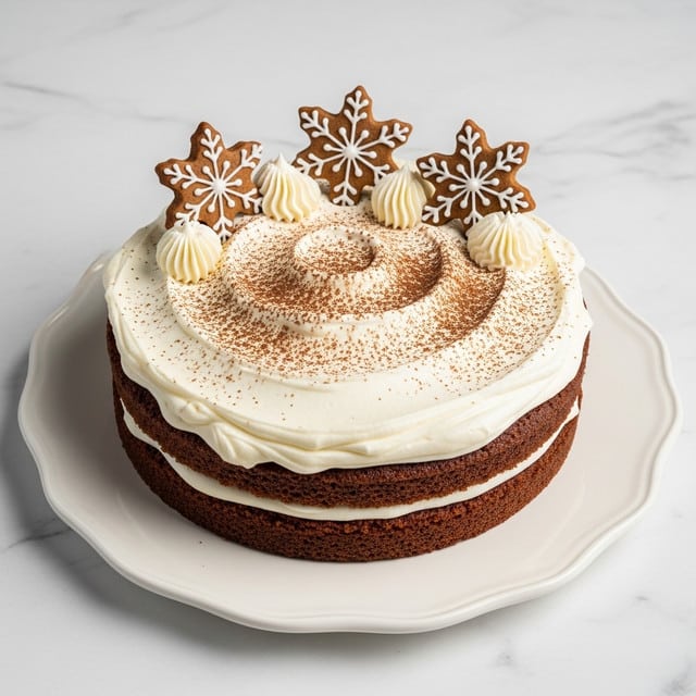 A round single-layer cake sits on a white plate with a scalloped edge, placed on a white marbled surface. The cake has a brown base layer, topped thickly with smooth white frosting spread in a soft, swirling pattern. On top of the frosting are three brown snowflake-shaped cookies with white icing details, and three small dollops of white cream around the cookies. The frosting is lightly dusted with a light brown powder, adding texture and contrast to the design. Photo taken with an iphone --ar 4:5 --v 7