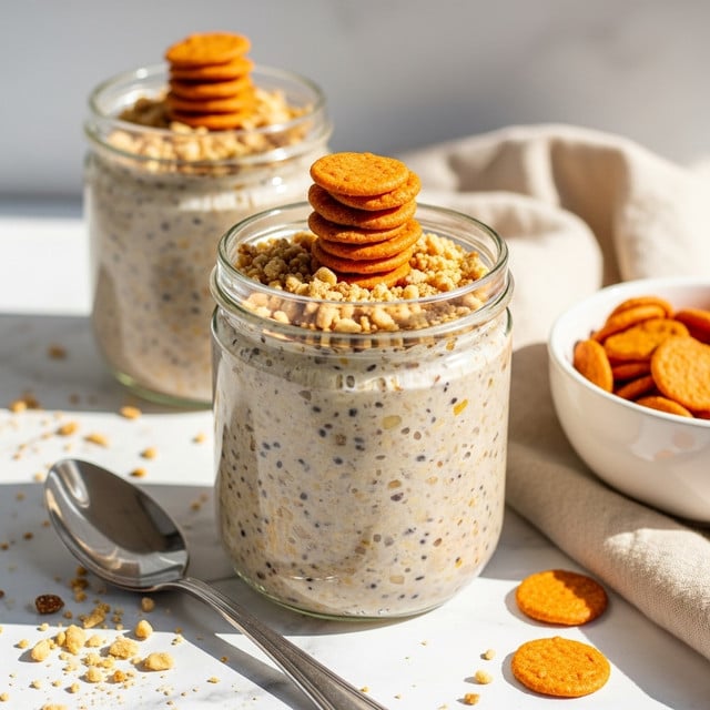 A clear glass jar filled with creamy oatmeal speckled with small brown and black bits, topped with a layer of crushed nuts and several small round orange chips arranged in a neat stack on the very top. Another similar jar sits slightly out of focus in the background. The jar is placed on a white marbled surface scattered with small crumbs and bits of the orange chips, with a shiny silver spoon lying nearby. A beige cloth napkin is casually placed to the right, along with a small white bowl containing more orange chips. Bright, natural light casts soft shadows across the scene. photo taken with an iphone --ar 4:5 --v 7