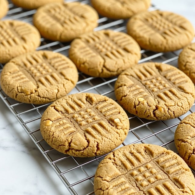 A batch of round, golden-brown peanut butter cookies arranged in rows on a wire cooling rack, each cookie showing a crisscross fork pattern pressed into the dough, with a slightly crumbly texture and golden edges indicating they are freshly baked. The wire rack's grid is visible underneath the cookies, resting on a white marbled surface that adds a clean, bright background. The cookies are closely placed but not touching, highlighting their homemade rustic look. photo taken with an iphone --ar 4:5 --v 7
