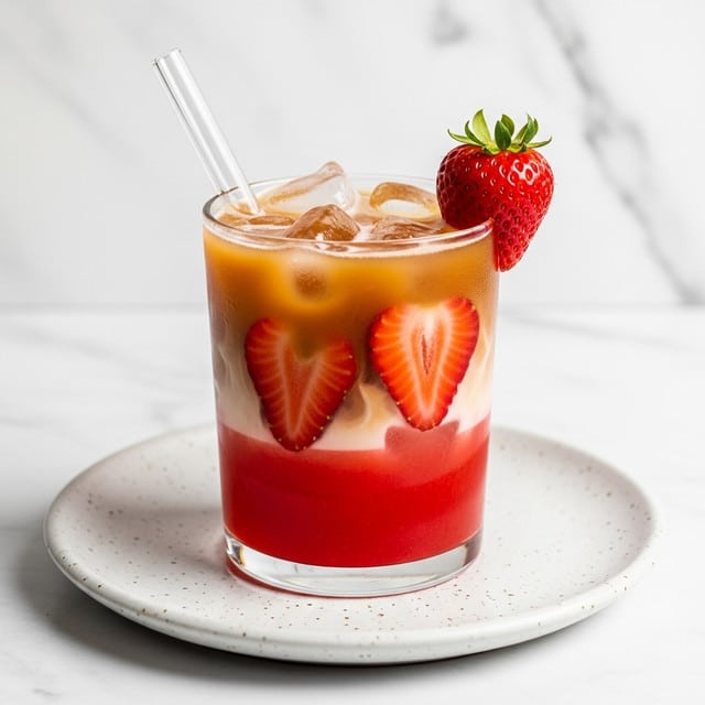 A clear glass filled with a drink showing three layers: a bright red layer at the bottom, a light orange-tan layer in the middle, and a transparent layer with ice cubes at the top. Inside the drink, there are two thin strawberry slices pressed against the glass, and a whole red strawberry with green leaves sits on the rim. A clear glass straw leans inside the glass. The glass is placed on a round white speckled saucer, all set on a white marbled surface with a plain light background. Photo taken with an iphone --ar 4:5 --v 7