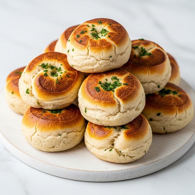 A pile of golden brown garlic knots with a slightly crispy and shiny surface covered in small green parsley bits, stacked on a round white wooden plate. The knots are soft and fluffy with some darker toasted spots. The plate sits on a white marbled surface with soft natural lighting highlighting the texture and freshness of the garlic knots. Photo taken with an iphone --ar 4:5 --v 7