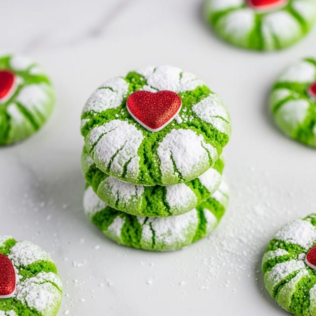A stack of three bright green crinkle cookies sits in the center, each cookie cracked and dusted with white powdered sugar scattered unevenly on top. A small, red glittery heart decoration is placed in the center of the top cookie, creating a vivid contrast with the green and white. Around the stack, there are more green cookies with the same powdered sugar and heart detail, all set on a white marbled surface that has a soft shine and slight texture. The overall look is fresh, colorful, and festive. photo taken with an iphone --ar 4:5 --v 7