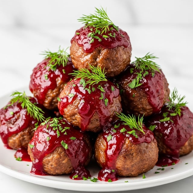 The image shows a close-up of several meatballs stacked on a white plate, each coated with a thick, glossy red sauce that looks like cranberry or berry glaze. The meatballs are browned and have a slightly crispy texture on the edges. Bright green chopped herbs, possibly parsley, are sprinkled over the meatballs, and fresh dill sprigs are placed on top for garnish. The background is a white marbled surface, giving a clean and fresh look. photo taken with an iphone --ar 4:5 --v 7