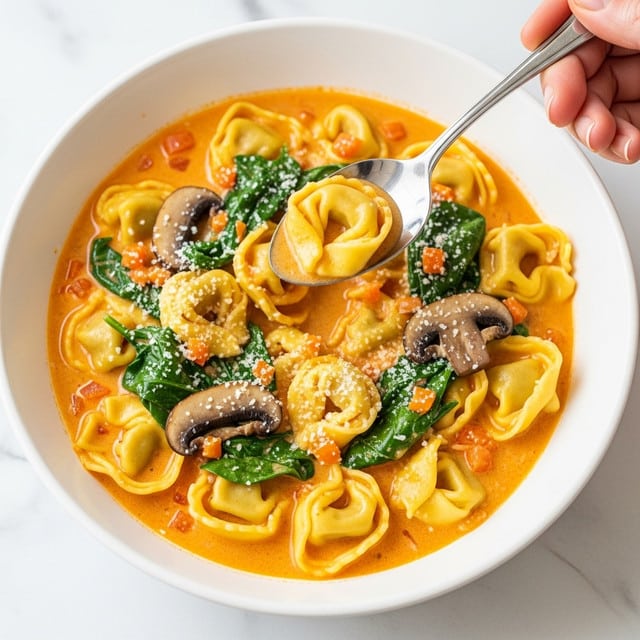 Creamy Vegetarian Tortellini Soup with Mushrooms and Spinach Recipe