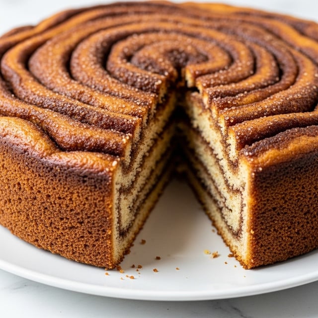 A close-up view of a round cinnamon swirl cake with one slice removed, showing a soft, spongy, light beige inside. The cake has a single visible layer with a textured surface covered in swirls of dark brown cinnamon sugar, creating a marbled effect on top. The cake sits on a smooth white plate, placed on a white marbled texture background. Photo taken with an iphone --ar 4:5 --v 7