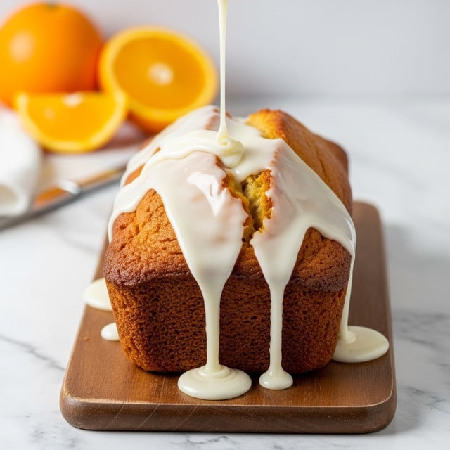 A loaf of orange cake with one thick slice cut from the front is placed on a wooden board. The cake is golden brown on the outside with a soft, light yellow inside that looks moist and crumbly. The top is covered with a thick, smooth white glaze that drips down the sides in some places, sprinkled lightly with tiny orange peel bits. Two slices of fresh orange are placed around the cake. The background is a white marbled texture. photo taken with an iphone --ar 4:5 --v 7