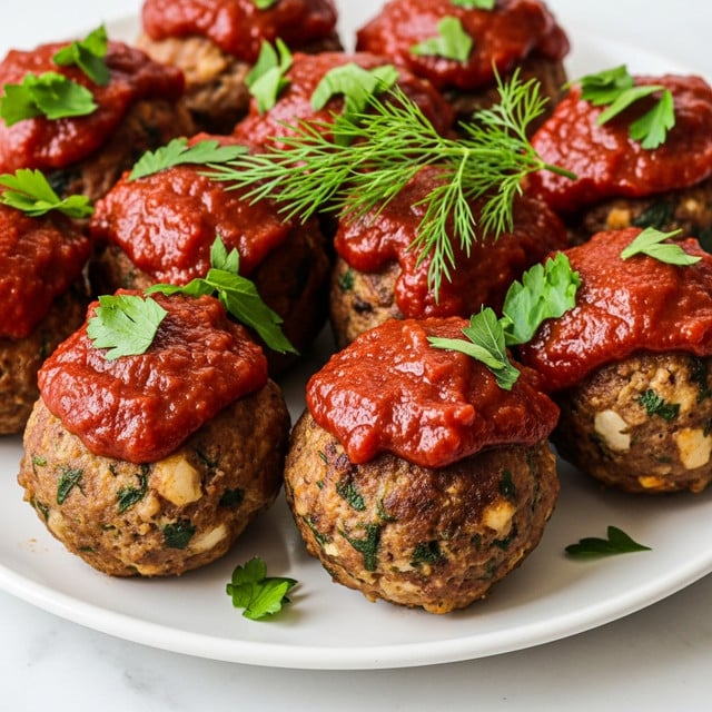 The image shows a close-up of a white plate filled with several round meatballs, each covered generously with a deep red glossy sauce that looks thick and slightly chunky. The meatballs have a browned, crispy texture with bits of green herbs mixed in. On top, fresh bright green dill sprigs and chopped green parsley leaves are scattered, adding color contrast. The whole dish sits on a white marbled surface, making the rich reds and greens stand out clearly. photo taken with an iphone --ar 4:5 --v 7