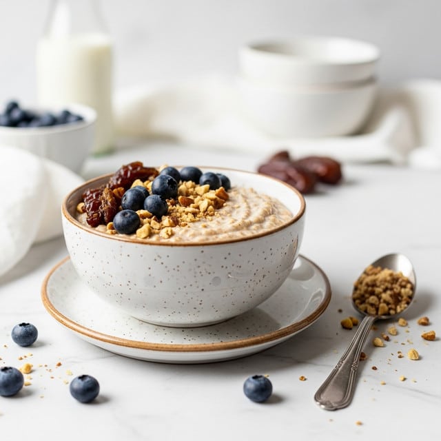 A white bowl with light brown speckles holds a creamy beige oatmeal topped with scattered dark red dates, fresh deep blue blueberries, and chopped light tan nuts. The bowl sits on a matching white saucer, placed on a white marbled surface with a few blueberries and nut pieces scattered around. To the right, a silver spoon rests on the surface with some granola on it. The background features a blurred bottle of milk and a white bowl with blueberries. Photo taken with an iphone --ar 4:5 --v 7