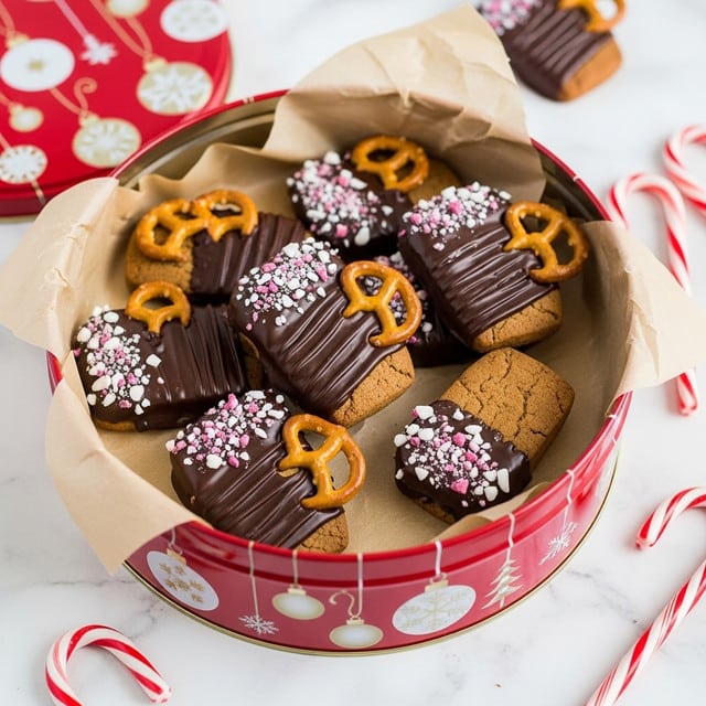 The image shows a red round metal tin decorated with white and gold Christmas ornaments and stars. Inside the tin, there are several rectangular gingerbread cookies partially dipped in dark chocolate on one end. The chocolate-dipped section of each cookie is topped with crushed white and red peppermint pieces, creating a crunchy texture. A small pretzel is attached sideways into the chocolate on each cookie, forming a handle-like shape. The cookies are stacked slightly overlapping each other, and the tin is lined with light brown parchment paper. The background is a white marbled texture with scattered peppermint candy canes and small cookie pieces. Photo taken with an iphone --ar 4:5 --v 7