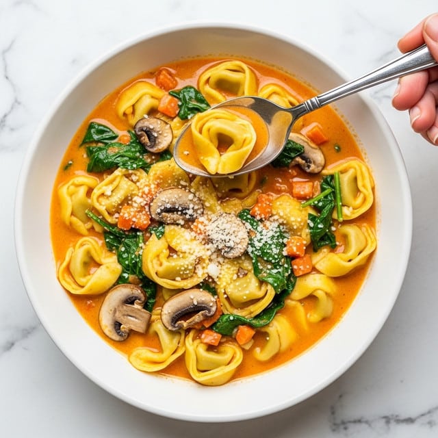 A white bowl is filled with creamy orange soup that has green leafy bits and small orange carrot pieces mixed throughout. Floating in the soup are several plump yellow tortellini pasta, each with a folded and pinched shape, along with sliced brown mushrooms. The soup is sprinkled lightly with grated white cheese and chopped green herbs. A silver spoon is scooping up one tortellini from the bowl, held by a woman's hand visible at the edge. The whole scene sits on a white marbled surface. photo taken with an iphone --ar 4:5 --v 7
