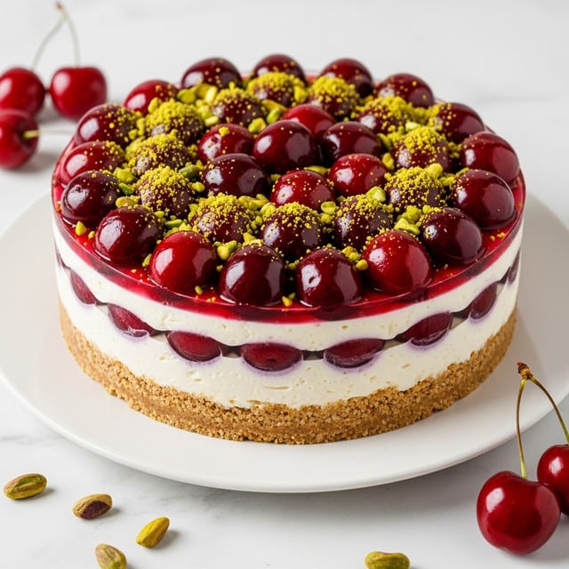 A round dessert with three clear layers sits on a white plate over a white marbled surface. The bottom layer is a crumbly, light brown crust. The middle layer is a thick, smooth cream-colored filling with a soft texture. The top layer is covered with halved dark red cherries, glistening with juice, and sprinkled generously with bright green chopped pistachios and tiny bits of golden crumbs. A few whole cherries and pistachio pieces are scattered around the plate. Photo taken with an iphone --ar 4:5 --v 7