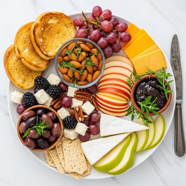 A white plate with a mix of food items arranged in sections: three slices of golden toasted bread at the top left, next to a clear glass dish filled with roasted almonds mixed with green herb sprigs; to the top right of the almonds, a bunch of red grapes sits next to several slices of orange cheddar cheese. Below the cheddar, thin apple slices with a red skin are fanned out next to a small clay bowl of dark fig jam, surrounded by green herb sprigs. Below the jam and apple, a wedge of white brie cheese rests over green pear slices with the rind showing. To the bottom left, a small wooden bowl is filled with shiny black olives and herb sprigs, placed near several beige crackers. Blackberries and small chunks of white cheese interspersed with red grapes appear near the toast and apple slices, with pecans scattered near the center. The plate is set on a white marbled surface and a rustic silver knife sits to the right side. Photo taken with an iphone --ar 4:5 --v 7