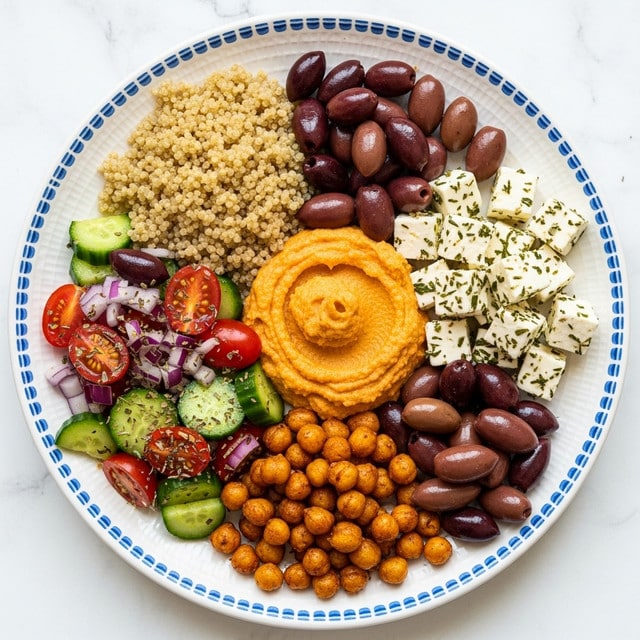A vibrant bowl filled with six distinct sections, each clearly defined and colorful, all arranged on a white plate with blue decorative patterns, set on a white marbled textured surface. Starting at the top left, there is a pale beige mound of fluffy quinoa, its small round grains tightly packed. Moving clockwise, a small cluster of dark purple olives rests beside large, rough chunks of bright green cucumber mixed with cherry tomato halves and small diced red onions, all sprinkled with dried herbs. Below is a dollop of smooth, thick orange hummus with a slightly swirled texture and a glistening surface. Adjacent are lightly browned, crispy roasted chickpeas forming a textured heap. Finally, the bottom right shows soft white feta cubes sprinkled with dried herbs next to a few more dark olives. The dish has bright, fresh colors with a nice contrast between soft textures and crunchy elements. photo taken with an iphone --ar 4:5 --v 7