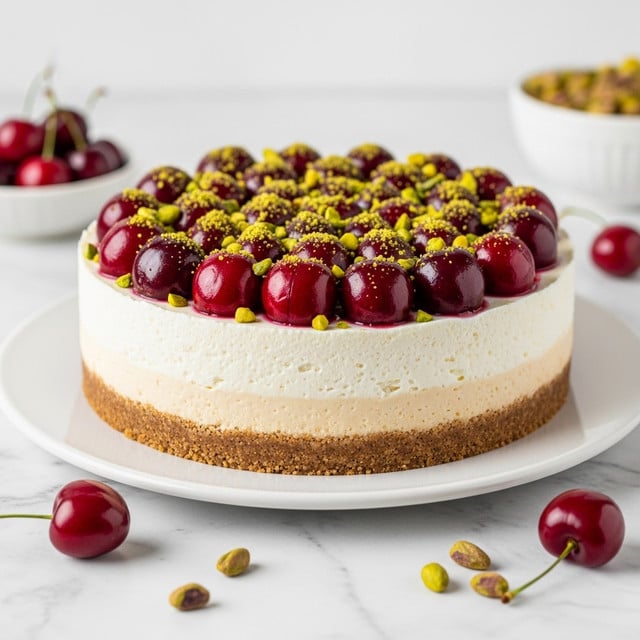 A round cheesecake with three visible layers: a bottom thin crumbly brown crust, a thick smooth white creamy middle layer, and a topping of dark red halved cherries covered with small bright green chopped pistachios, all arranged on a white plate set on a white marbled surface, with a few cherries and pistachios scattered around. Photo taken with an iphone --ar 4:5 --v 7