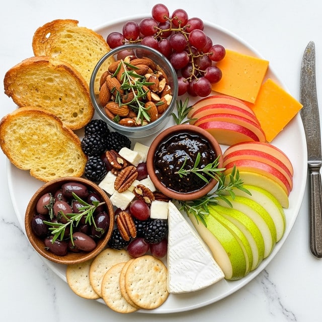 A white scalloped plate holds a colorful cheese and fruit platter arranged in a circular pattern on a white marbled surface. Starting from the top left, there are three slices of toasted bread with a light brown crust. Below them are broken white cheese chunks beside a small cluster of blackberries and some red grapes. Moving clockwise, thin slices of red apple are fanned out over a small pile of pecans. Near the center, a glass bowl filled with roasted almonds garnished with rosemary sits next to a small earthen bowl of dark fig jam. At the bottom left, a wooden bowl contains shiny black olives with rosemary on top. To the right, a wedge of white rind brie cheese rests next to green pear slices with some blackberries scattered nearby. Thin slices of orange cheddar cheese fan out on the top right, accompanied by more red grapes and sprigs of rosemary. A vintage silver knife sits on the right edge of the plate. photo taken with an iphone --ar 4:5 --v 7