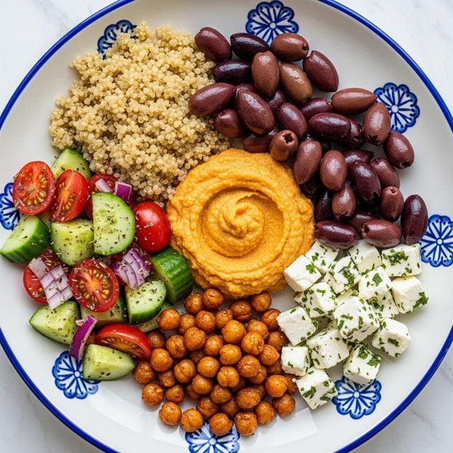 A white plate with blue patterned border holds six separate piles of food arranged side by side. Starting from the top left, there is a pile of light beige quinoa with a grainy texture. Next to it are several smooth, dark brown olives. Below the olives are bright green cucumber chunks mixed with halved red cherry tomatoes and small pieces of purple onion, sprinkled with herbs. In the center, there is a generous swirl of bright orange hummus with a smooth and creamy texture. Below the hummus is a mound of golden brown, crispy roasted chickpeas. Lastly, on the bottom right are white cubes of feta cheese dotted with green herbs and some more dark brown olives next to them. The background is a white marbled texture. photo taken with an iphone --ar 4:5 --v 7