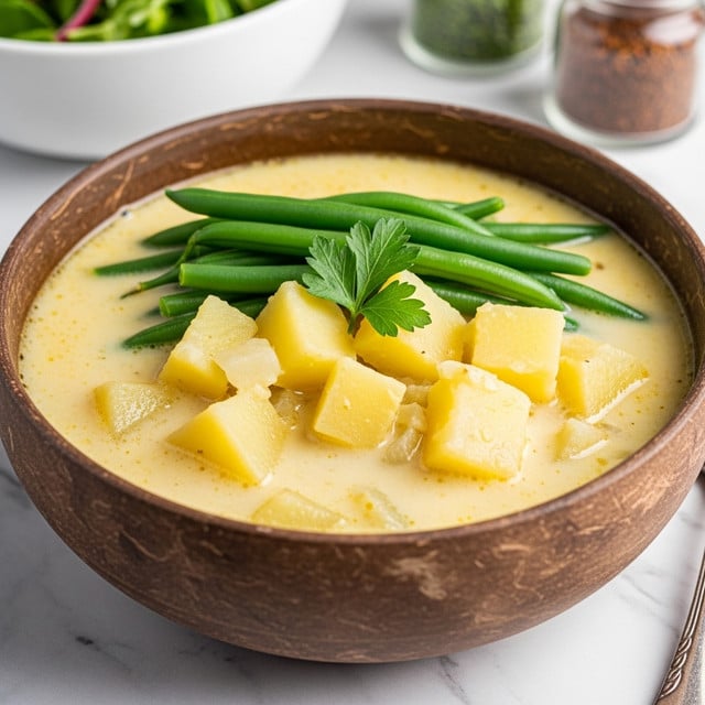 A close-up image shows a rustic brown bowl filled with creamy soup resting on a white marbled surface. The soup has three main layers visible: the bottom layer is a pale yellow creamy broth, the middle layer contains thick chunks of soft, pale yellow potatoes, and the top layer has fresh green beans piled neatly with a sprig of green parsley placed in the center for garnish. The bowl has a natural, rough texture giving a cozy, homemade feel. The background includes blurred elements of green salad in a white bowl and small glass containers, all set on the white marbled surface. photo taken with an iphone --ar 4:5 --v 7