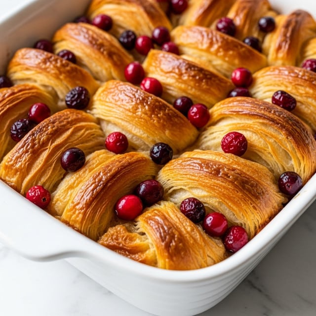 The image shows a white rectangular baking dish filled with a golden brown croissant bread pudding. The dish's surface is uneven with fluffy, flaky layers of croissant pieces that are toasted and crispy on the edges. Scattered on top and slightly sunk in are bright red and dark red berries, adding pops of color against the warm brown croissant. The custard-soaked bread has a creamy texture visible in the gaps between croissant layers. The dish is set on a white marbled surface. photo taken with an iphone --ar 4:5 --v 7