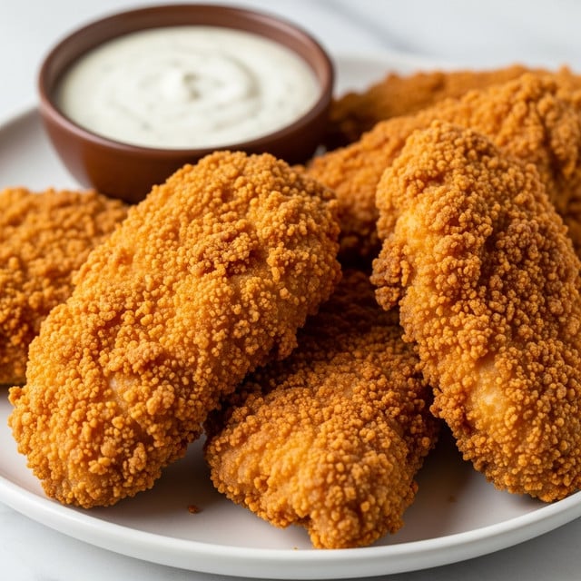 A close-up view of a white plate filled with several pieces of golden-brown fried chicken with a crunchy, textured crust. The chicken pieces have an uneven, crispy surface with bits of batter peeling slightly. Behind the chicken, there is a small brown bowl filled with creamy white ranch dipping sauce, smooth with tiny specks. The plate is set on a surface with a white marbled texture. photo taken with an iphone --ar 4:5 --v 7