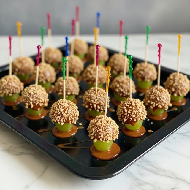 A black baking tray holds many small green grapes, each dipped on top in sticky caramel and covered with crushed nuts, creating a rough, crunchy texture on the top half of each grape. Colorful toothpicks are stuck into the center of each grape, standing vertically. Some caramel drips down the sides and pools slightly underneath the grapes. The tray is set on a white marbled surface, and the background shows a muted gray wall. photo taken with an iphone --ar 4:5 --v 7