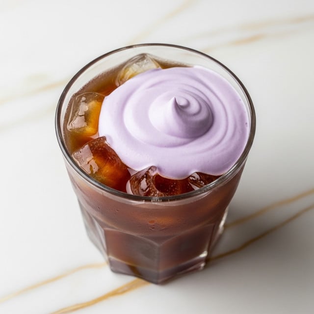 A clear glass holds a dark cold drink filled with irregular ice cubes, with a smooth and thick light purple foam swirled beautifully on top, creating a soft, creamy texture; the glass sits on a white marbled surface with subtle gold veins showing through, adding elegance to the simple but colorful drink. photo taken with an iphone --ar 4:5 --v 7