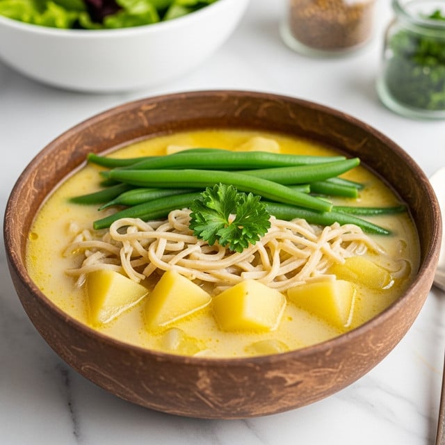 A close-up view of a bowl filled with a creamy white soup containing small round pasta pieces, light green peas, and cut green beans, all mixed in a thick pale yellow broth. The bowl is white with a brown rim, and there is a small green herb garnish placed in the center on top of the soup. Steam is rising from the bowl, showing that the soup is hot, and the photo is set on a white marbled surface. photo taken with an iphone --ar 4:5 --v 7