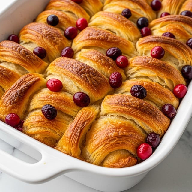 A close-up of a white baking dish filled with a croissant bread pudding, showing multiple layers of golden, flaky croissant pieces, slightly puffed and baked with a shiny, crispy top texture. Scattered on top and in between the croissant layers are bright red and dark red cranberries, adding a pop of color and a slightly soft texture. The edges of the bread look caramelized and toasted, and the whole dish sits on a white marbled surface. photo taken with an iphone --ar 4:5 --v 7