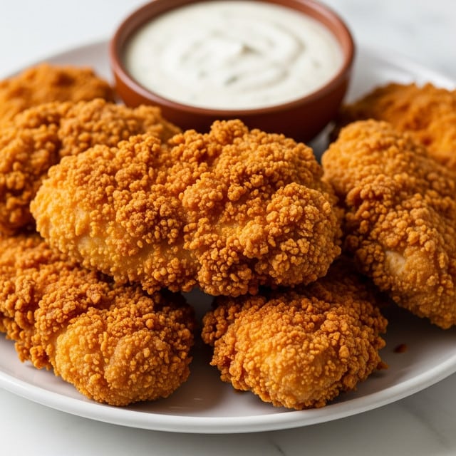 The image shows a white plate filled with several golden brown, crispy fried pieces with a rough and crunchy texture, piled up in a casual heap. Behind the fried pieces, there is a small bowl full of creamy white sauce with a smooth surface and slight specks within, placed close to the center back of the plate. The background features a white marbled texture, adding a clean and soft contrast to the rich colors of the fried food and sauce. photo taken with an iphone --ar 4:5 --v 7