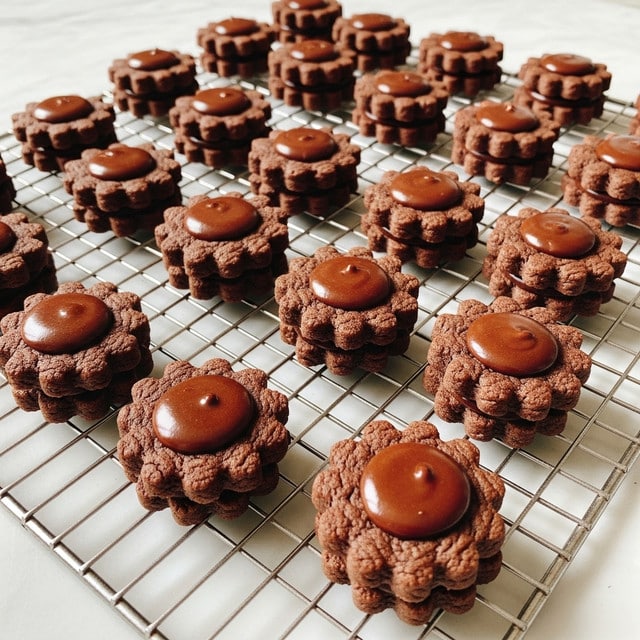 The image shows many small round chocolate cookies arranged neatly on a metal cooling rack placed over a white marbled surface. Each cookie has two layers: a dark brown textured base formed into a flower shape with ridged edges, and a smooth, glossy chocolate dollop in the center. The cookies are evenly spaced in rows, creating a uniform and inviting display. photo taken with an iphone --ar 4:5 --v 7