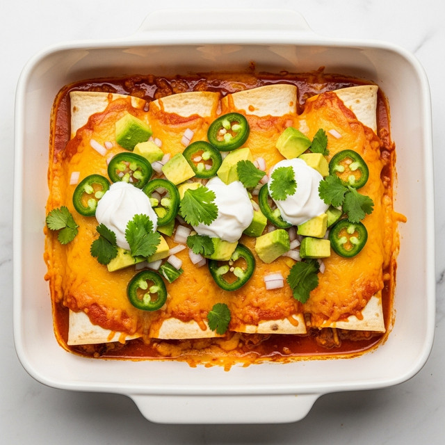 A white rectangular baking dish holds four rolled enchiladas side by side, each wrapped in light yellow tortillas soaked in a rich red sauce that fills the bottom of the dish. The enchiladas are topped with melted light orange cheese with slightly darker browned spots. On top of the cheese, there are bright green diced avocado pieces, dark green cilantro leaves, a few slices of green jalapeño, and white dollops of sour cream, all adding fresh colors and textures. The dish sits on a white marbled surface. Photo taken with an iphone --ar 4:5 --v 7
