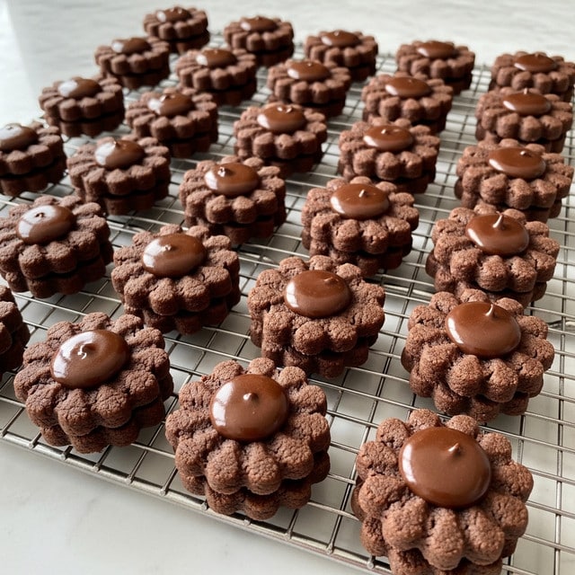 Many small, round chocolate cookies are arranged neatly on a silver cooling rack over a white marbled surface. Each cookie has one layer with a star-shaped, ridged texture and is dark brown in color. In the center of each cookie, there is a smooth, thick, shiny dollop of glossy chocolate that is slightly darker than the cookie base. The cookies are spaced evenly in rows and columns, showing clear details of their textured edges and glossy centers. photo taken with an iphone --ar 4:5 --v 7