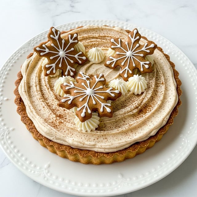 A round tart with a golden brown crust forms the base, topped with a thick, smooth layer of light beige cream spread in soft swirls. On top of the cream, three large gingerbread cookies shaped like snowflakes are placed, each decorated with thin white icing lines. Small dollops of white cream are piped around the cookies, and a light dusting of cinnamon or similar spice powder adds a warm touch over the entire surface. The tart sits on a white plate with a detailed, textured edge, set against a white marbled surface. Photo taken with an iphone --ar 4:5 --v 7