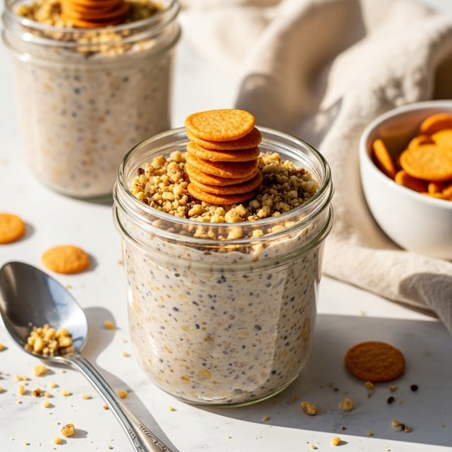 Two glass jars filled with a creamy, beige mixture speckled with small dark and light bits, likely oats or seeds, sit on a white marbled surface. The jar in the front is the main focus and is topped with a layer of scattered crushed nuts, followed by a small pile of thin, round, orange chips stacked in the center. The second jar in the background is out of focus but similarly topped. A silver spoon lies on the surface near the front jar, with small bits of crushed nuts and crumbs spread around it. A beige cloth and a white bowl filled with more orange chips are also partly visible to the right, all under bright natural light that casts soft shadows. photo taken with an iphone --ar 4:5 --v 7