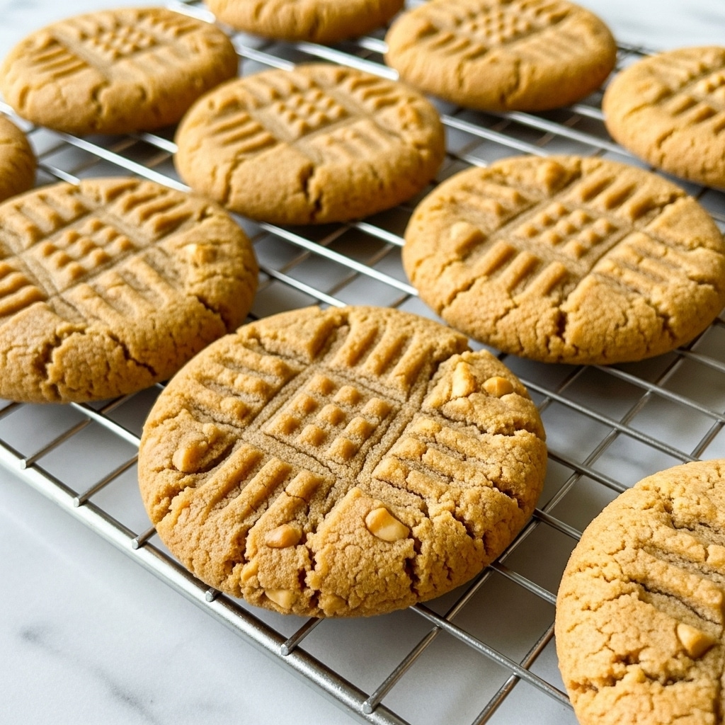 A group of peanut butter cookies rests on a metal cooling rack placed on a white marbled texture. Each cookie is round and golden brown with a slightly rough texture and visible small chunks. They have a crisscross fork pattern pressed into the top, giving a distinct look. The cookies show slight edge browning and a soft, crumbly appearance, arranged closely but not overlapping. The background is softly blurred to keep the focus on the cookies in the foreground. photo taken with an iphone --ar 4:5 --v 7