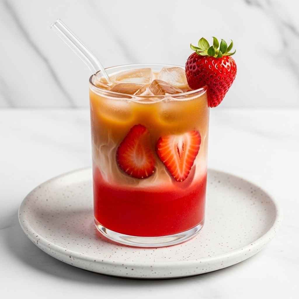 A clear glass filled with a two-layered drink sits on a white plate with a light speckled pattern; the bottom layer is bright red and translucent while the top layer is light brown and slightly cloudy with ice cubes floating at the top. Two thinly sliced strawberry pieces are inside the glass, pressed against the lower side, and a whole ripe strawberry is perched on the rim of the glass. A clear glass straw is inserted into the drink from the left side. The background is a white marbled texture. photo taken with an iphone --ar 4:5 --v 7