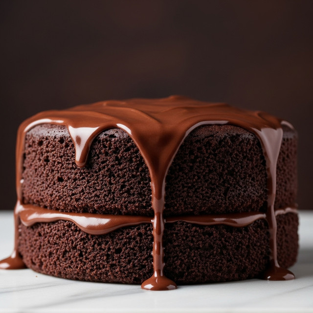 A close-up view of a dark, rich chocolate cake with one thick layer. The cake is moist and dense with a textured surface. On top, a glossy, smooth layer of melted milk chocolate spreads unevenly, dripping slightly down the sides and pooling around the base on a flat surface. Behind, a dark brown background contrasts with the cake. The cake rests on a white marbled texture surface. photo taken with an iphone --ar 4:5 --v 7