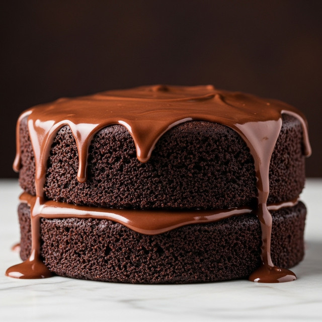 A close-up view of a single thick slice of dark chocolate cake with a moist, dense texture. The cake has one layer with a glossy, smooth milk chocolate glaze dripping down the sides and pooling slightly at the base, all placed on a piece of parchment paper. The background is a white marbled texture with a dark blur behind the cake. Photo taken with an iphone --ar 4:5 --v 7