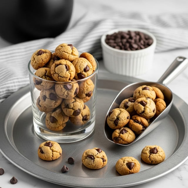 A stack of small, round chocolate chip cookies with a golden-brown color and dark chocolate chips is displayed in a clear glass cup at the center of a round metal tray. Next to the glass cup, a metal scoop holds more cookies, showing a mix of golden-brown and slightly darker baked sides. A few cookies rest directly on the tray around the glass and scoop. In the background, a white ramekin filled with chocolate chips and a black ceramic pitcher sit atop a white marbled surface, accompanied by a folded gray and white striped cloth. photo taken with an iphone --ar 4:5 --v 7